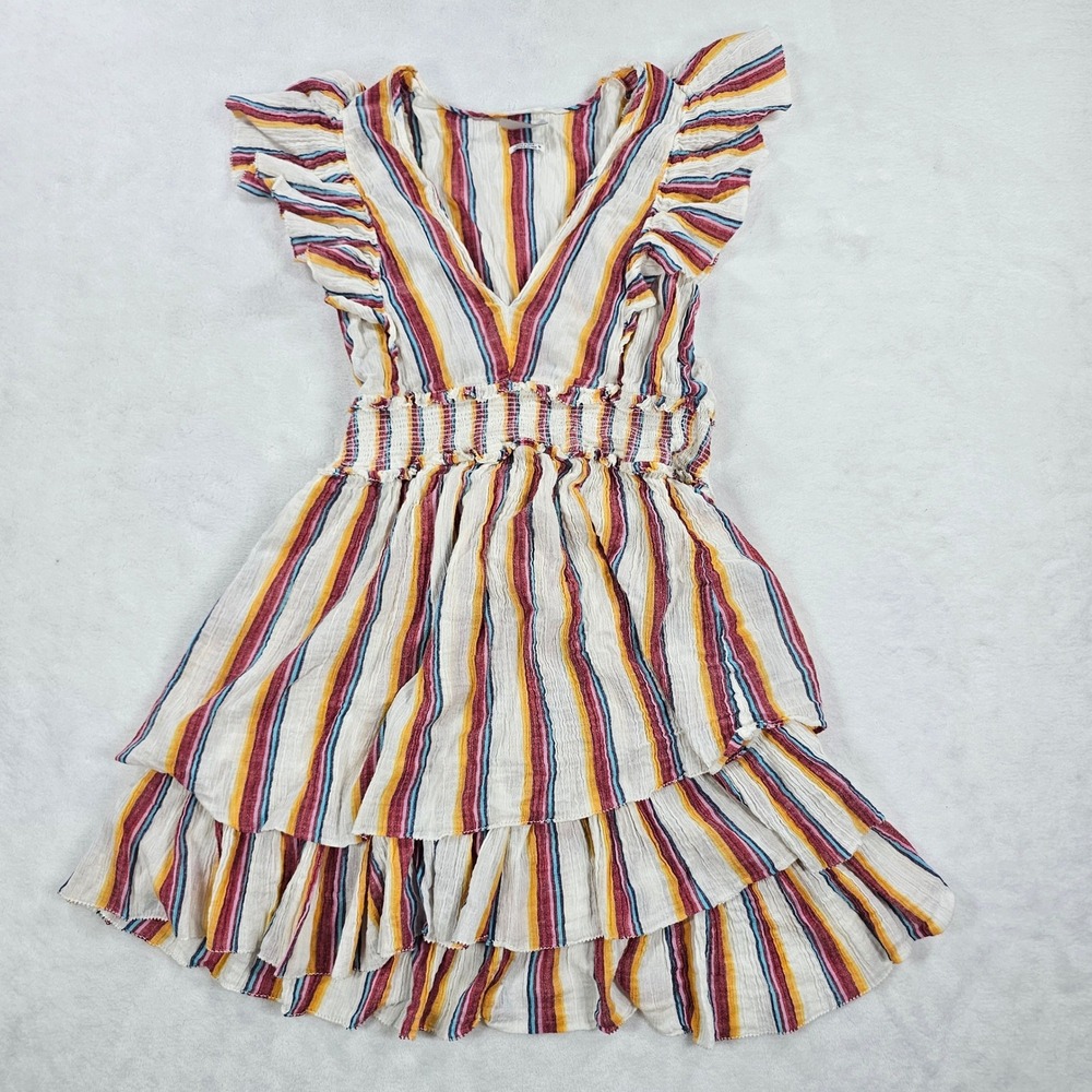 Boho Striped Ruffle Mini Dress Smocked Waist Flutter Sleeve Multi Color Summer